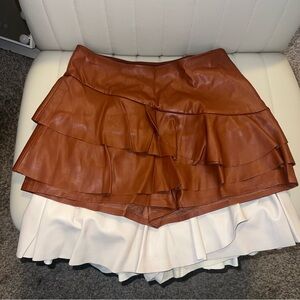 Brown and Cream Faux Leather Layered Women's Skort